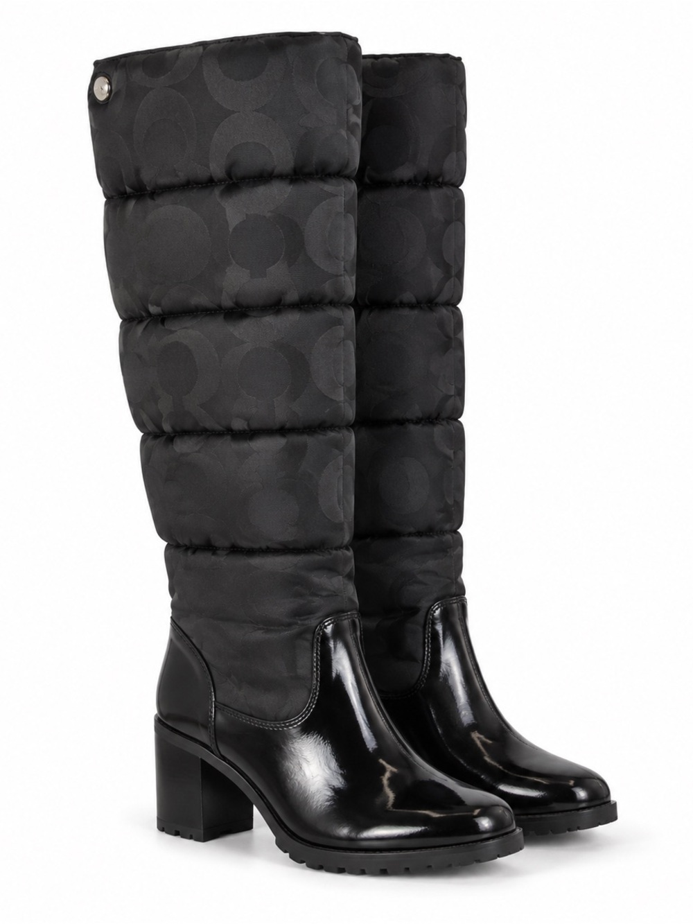 Coach Black Quilted Puffer Knee-High Boots with Patent Leather Foot